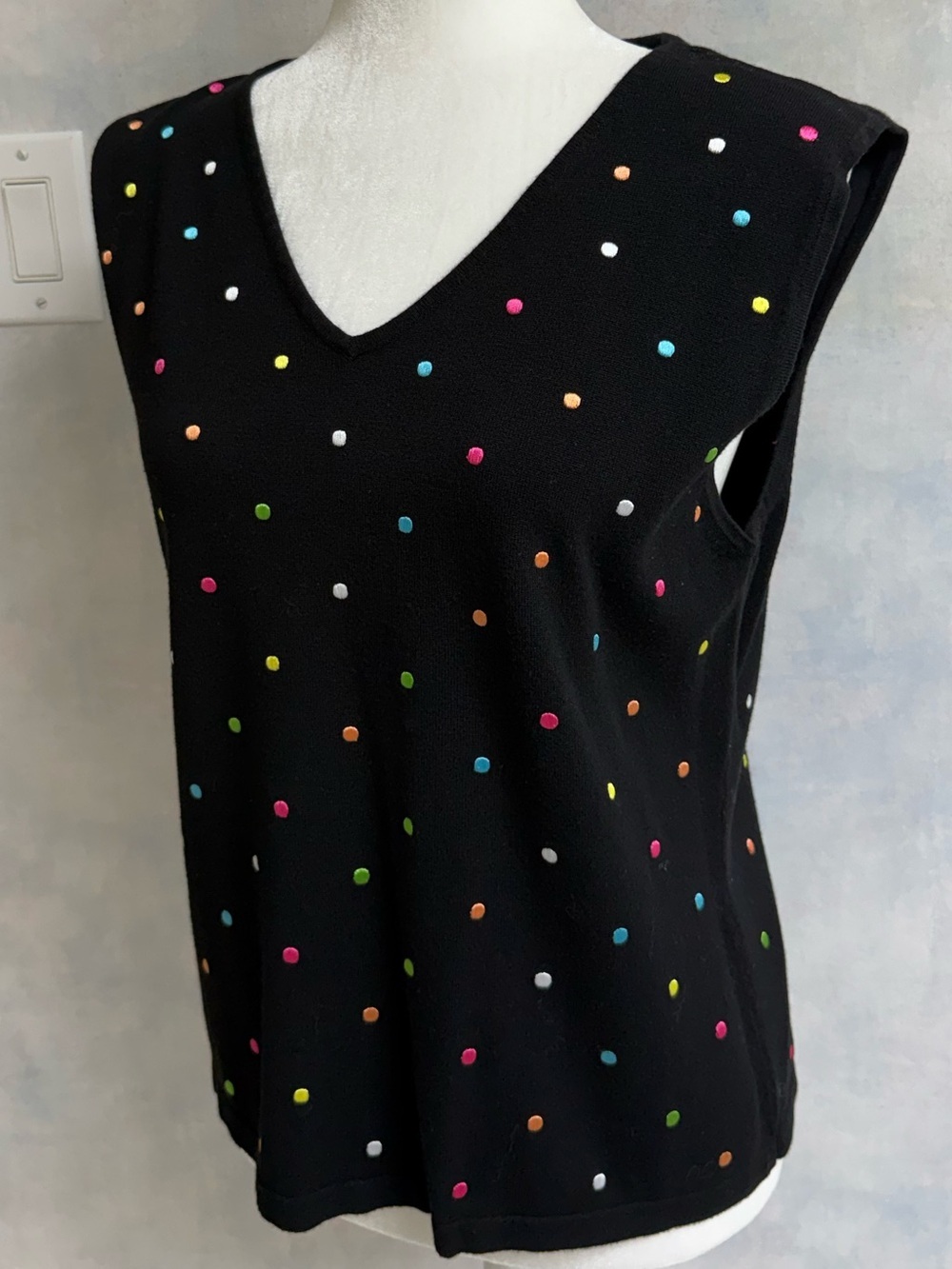 NWOT Dress Barn Black Sweater w/Embroidered colorful bright dots all over it. - Picture 3 of 7
